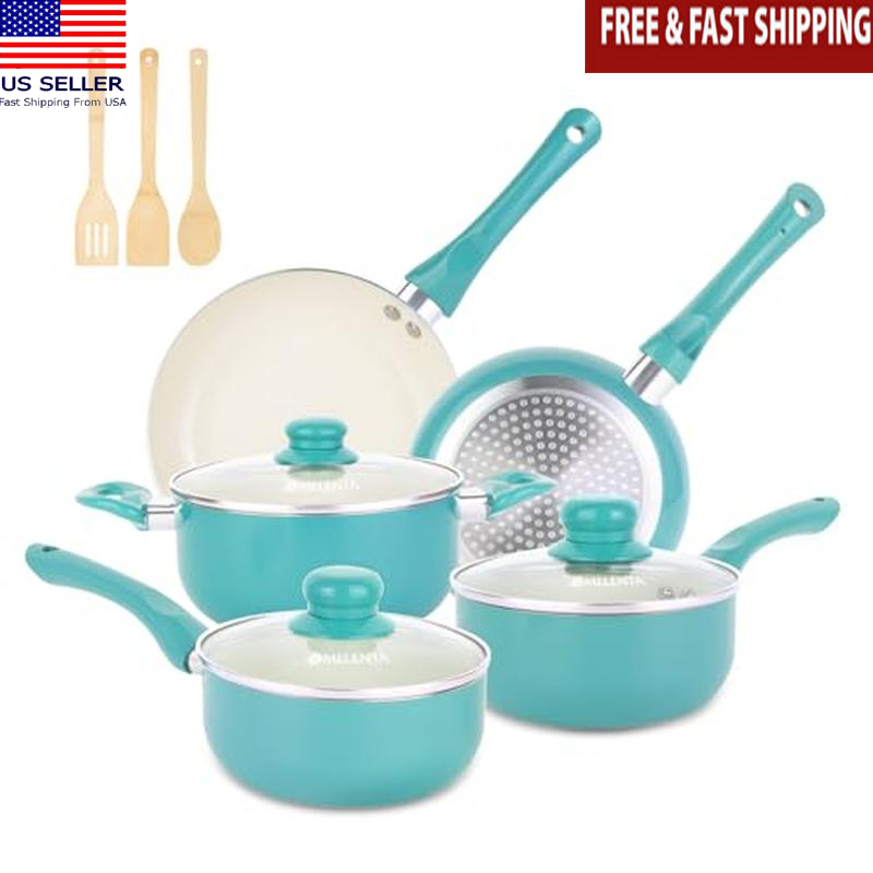 11 Pc Ceramic Nonstick Cookware Set Induction Pots & Pans W/ Bamboo Utensils New