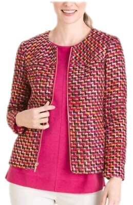 Chico's magenta multi color zip front zigzag tweed Collarless blazer jacket M