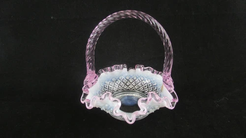 Fenton Art Glass Basket Clear "Diamond Lace" Pink Chiffon Ruffled Edge 95 years.