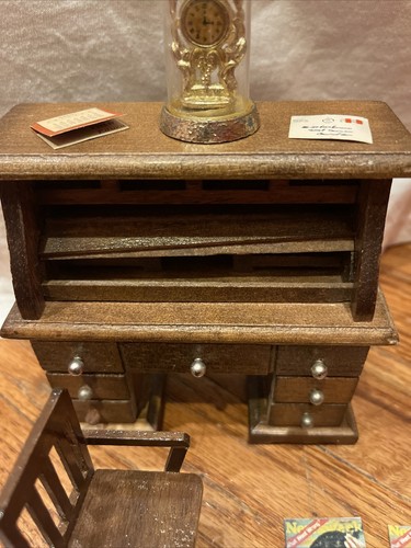 Roll Top Desk Wooden Working Drawers Vintage Dollhouse Miniature Furniture - Picture 4 of 14
