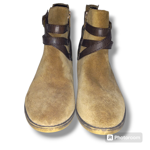 White Mountain Jitter Suede Ankle Booties-Size 6M-Taupe-Side Zip-Strappy Detail - Picture 2 of 9