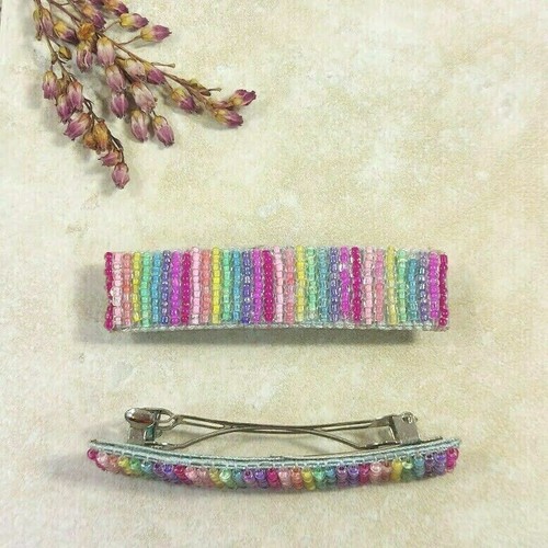 Beaded Hair Clip Stripes Pastel Color Hair Barrettes Jewel Set Gift For
