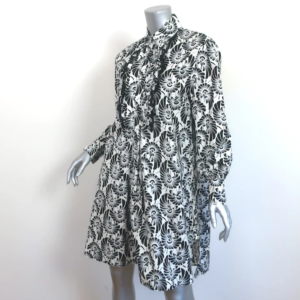Prada Shirtdress White/Black Lace-Trim Printed Cotton Size 40 Long Sleeve Dress - Image 4 of 4