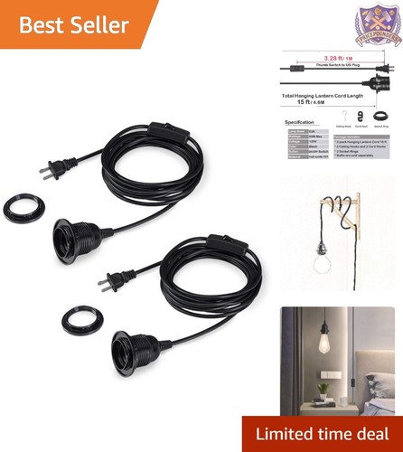 2-Pack 15ft Black Hanging Pendant Light Cord with On/Off Switch for DIY Home ...