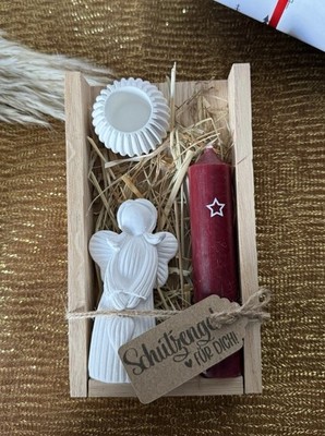 Geschenkset Schutzengel Kerze Stern Engel Deko Tablett Holz Raysin Weihnachten