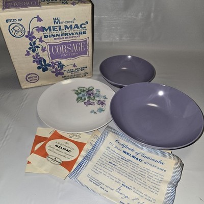 NOS Royalon Melmac Purple Violet Corsage - Bread/Butter Plate, Soup Bowl, Fruit