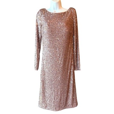 Vince Camuto Rose Gold Sequin Dress Long Sleeve Plunge Back Cocktail Size 10
