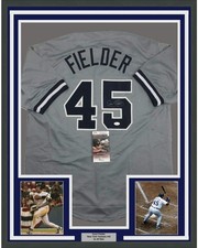 FRAMED Autographed/Signed CECIL FIELDER 33x42 New York Grey Jersey JSA COA Auto