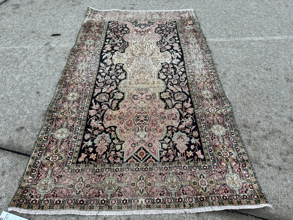 3x5 ANTIQUE SILK RUG ORIENTAL pink black handmade VINTAGE HAND-KNOTTED fine art - Image 3 of 4