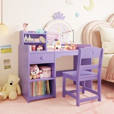 Children's Dressing Table With Led Mirror Drawers Set Makeup Desk Vanity Table