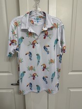 Chubbies Men's Polo Shirt Medium White Stretch Tropical Parrot Print
