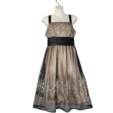R & M Richards Womens Size 6 Beige Prom Dress Black Lace Overlay Glitter Formal