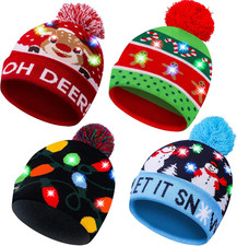 4 Pack Christmas Hats Xmas LED Light up Beanie Knit Hat Winter Snow Cap Christma