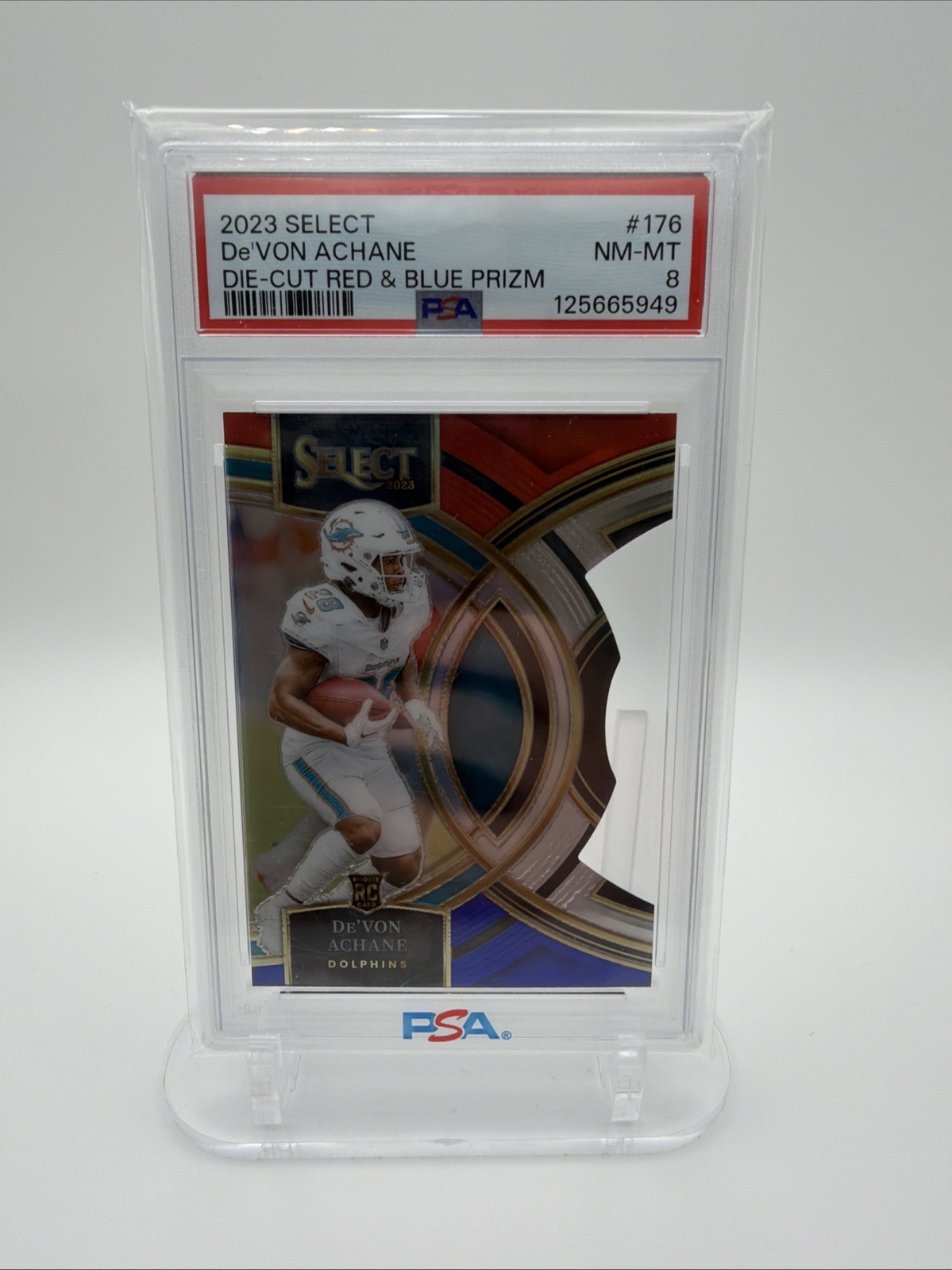 2023 Panini Select - Premier Level De'Von Achane #176 Red & Blue Prizm Die-Cut