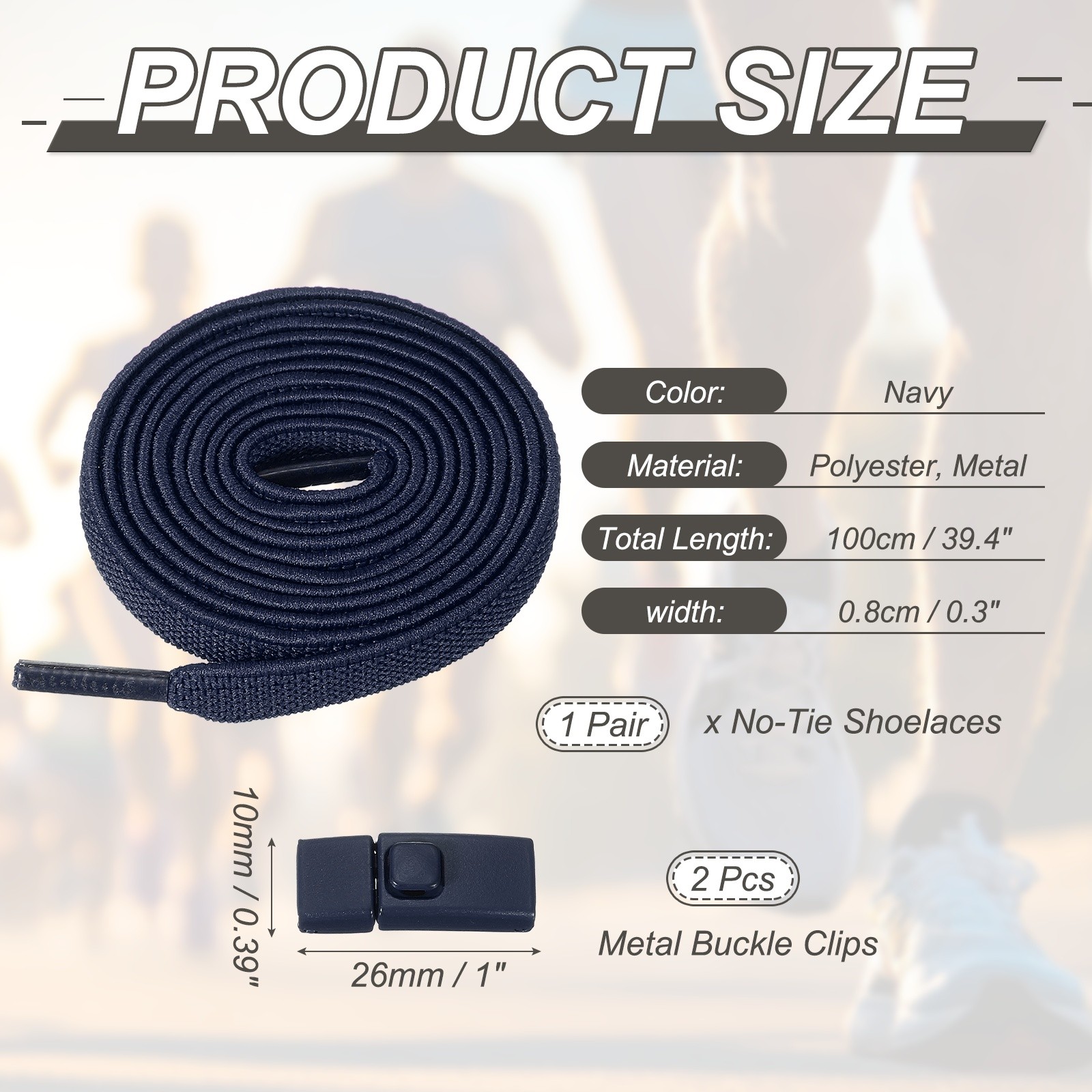No Tie Shoelaces with 2 Metal Square Buckle Clips, 1Pair & Navy