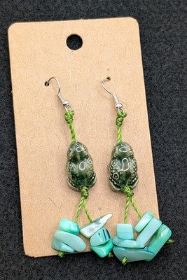 Women's Artisan Stylish Cute Ceramic Frog   Beaded Drop Hook Earrings 