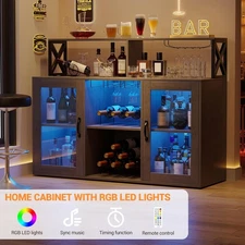 LED Wine Cabinet with Glass Shelves,Bar Cabinet w Wine Rack&Power Outlet Storage