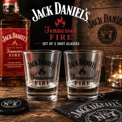 Jack Daniel s Tennessee Fire Shot Glasses Set of 2 Whiskey Bar Breweriana