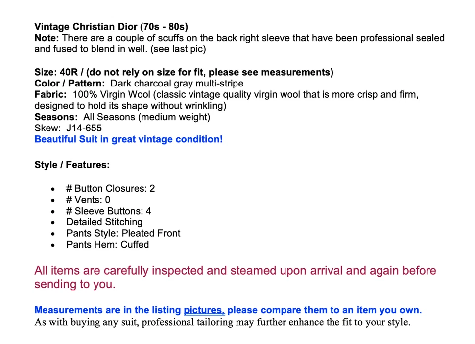 Vintage Christian Dior Mens 40R 32x29 Charcoal Gray Multi-Stripe Designer Suit - Image 2 of 4