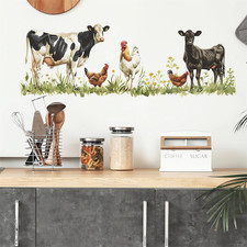 Cow Angus Chickens Green Plants Wall Stickers, Roosters Hens Farm Idyllic Wa...