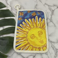 Vintage 90s Celestial Print Pot Holder Oven Blue Yellow Suns Stars Square