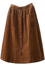 Minibee Women's Corduroy Midi Skirt Front Split Buttons Decoration A-Line Dress
