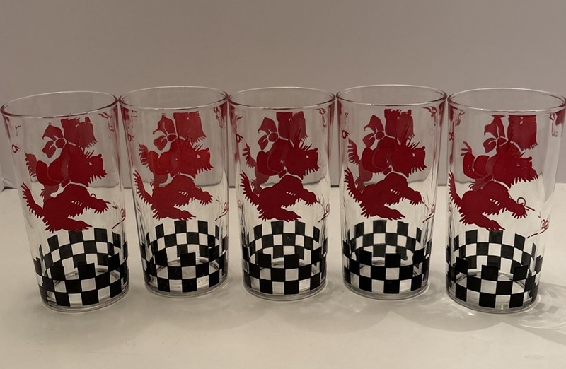 Rare Scottie Terrier Dog  Glasses Set Of 5, 5” Red Dog Black Checker  Glasses