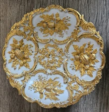 1 Rare Antique Meissen Leuteritz Fruit Nut Relief Gold Rococo 9" Plate 2 Avail