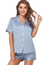 Women's Satin Pajama Set 2-Piece Sleepwear Loungewear Button Down Short Sleev...