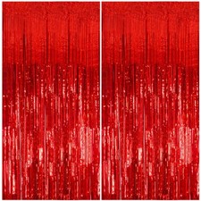 2 Pack Foil Curtain Backdrop Red Metallic Tinsel Foil Fringe Curtains Photo B...