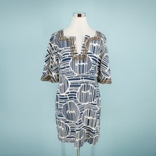 Trina Turk Size 12 Blue Bead Sequin Print V Neck Short Sleeve Cotton Mini Dress