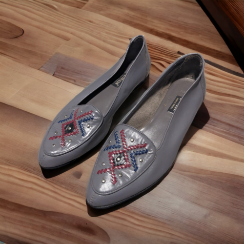 Diesse Women's Flats Gray Leather Almond Toe Red Blue Vintage 90s Size 10B - Afbeelding 1 van 7