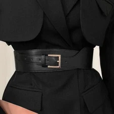 Women Cowhide Leather Corset Belt Double Prong Buckle Wide Decorative Waistband