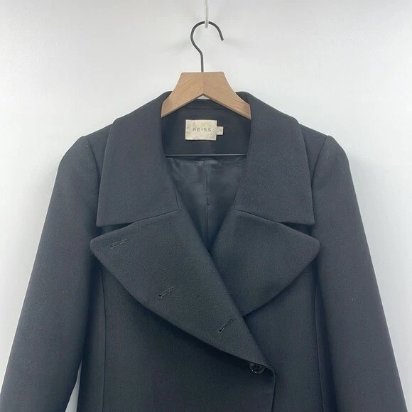 REISS 100% Wool Single Breasted Longline Pea Coat Winter Jacket Black Small - Image 2 of 4