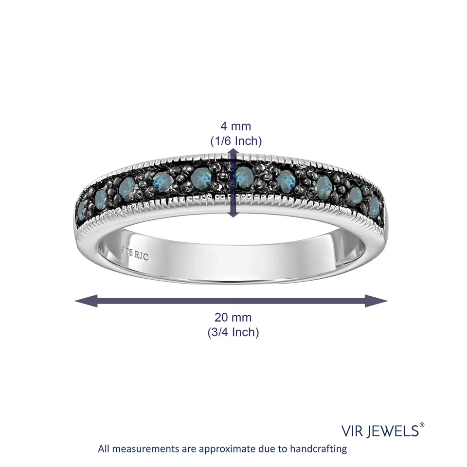 1/4 ct Blue Diamond Ring Wedding Band .925 Sterling Silver with Milgrain Round - Image 4 of 4