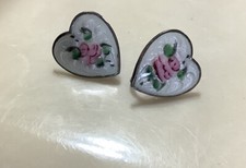 VTG STERLING SILVER ENAMEL HEART ROSE FLOWER SCREW EARRINGS