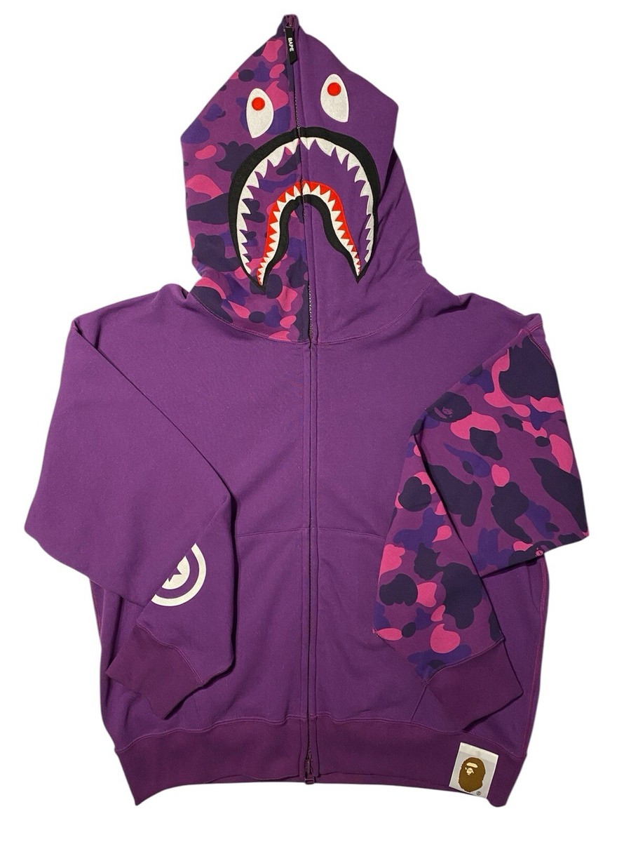 A Bathing Ape BAPE Giant Shark Purple Camo Full Zip Hoodie Loose