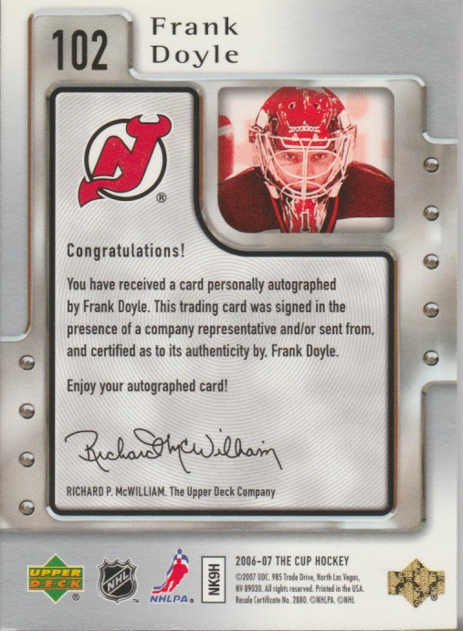 Frank Doyle 2007 UD The Cup rookie RC autograph auto card 102 /249