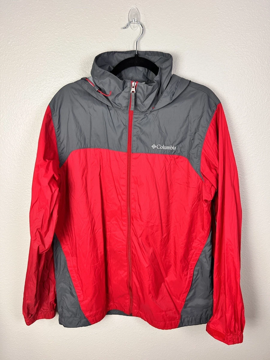 Columbia Windbreaker Full Zip Nylon Jacket With Hood Mens Medium Gray Red