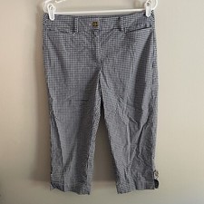 Talbots Women Petite SZ 8P Blue/White Gingham Flat Front Capri Cropped Pants