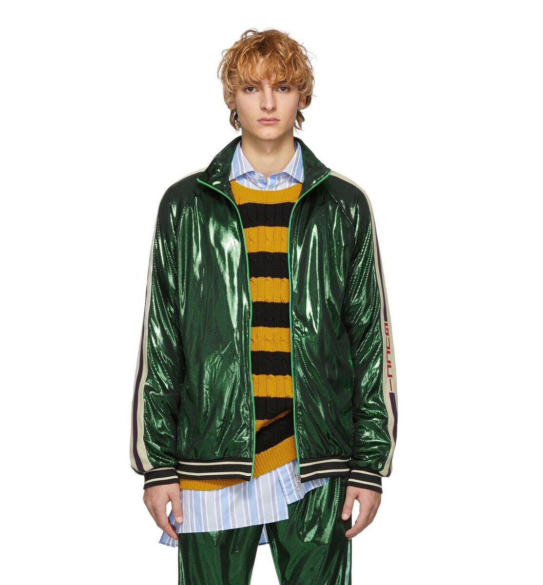 Gucci Men Green Nylon Blend Oversized Laminated ZipUp Track Gucci Men Green Nylon Blend Oversized Laminated ZipUp Track