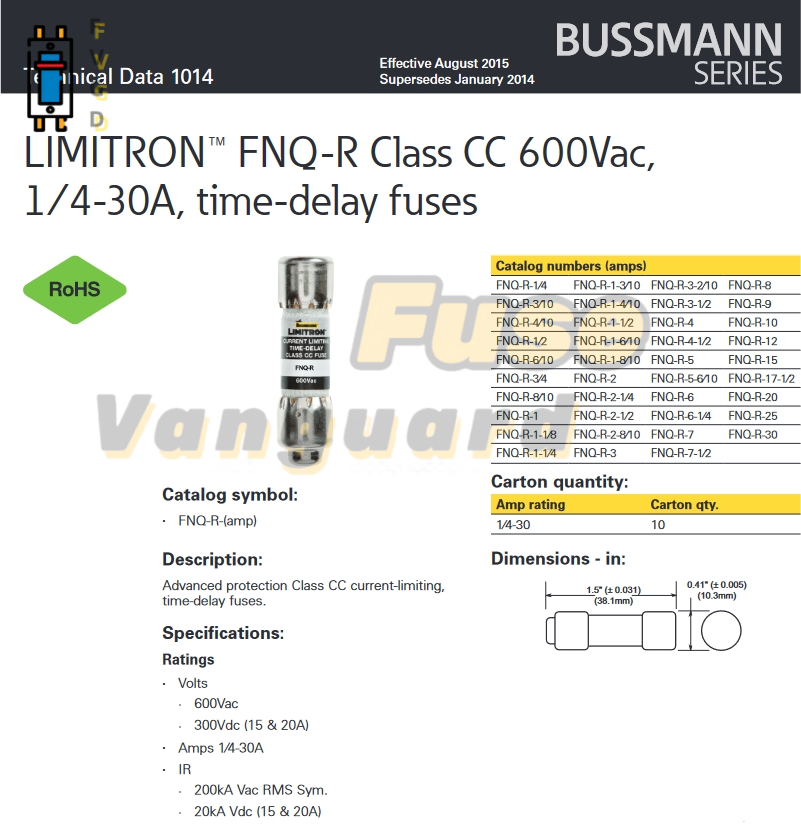 Bsmann by Eaton FNQ-R-1 Fe, Class CC, Time-Delay, 1 A, 600 VAC, 0