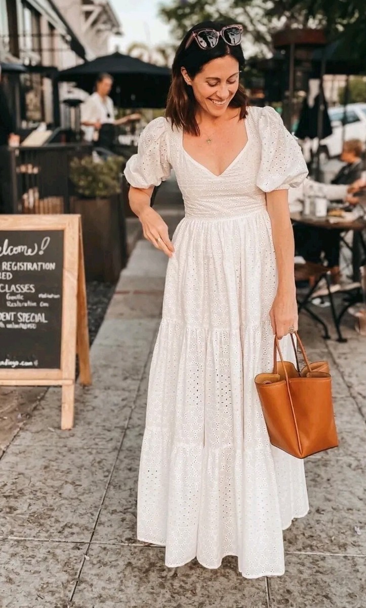 white puff sleeve maxi dress Annette Shirred Midi removable cup / Back shirring design / Back zipper closure Care Instructions Cotton Ivory Floral Puff Sleeve