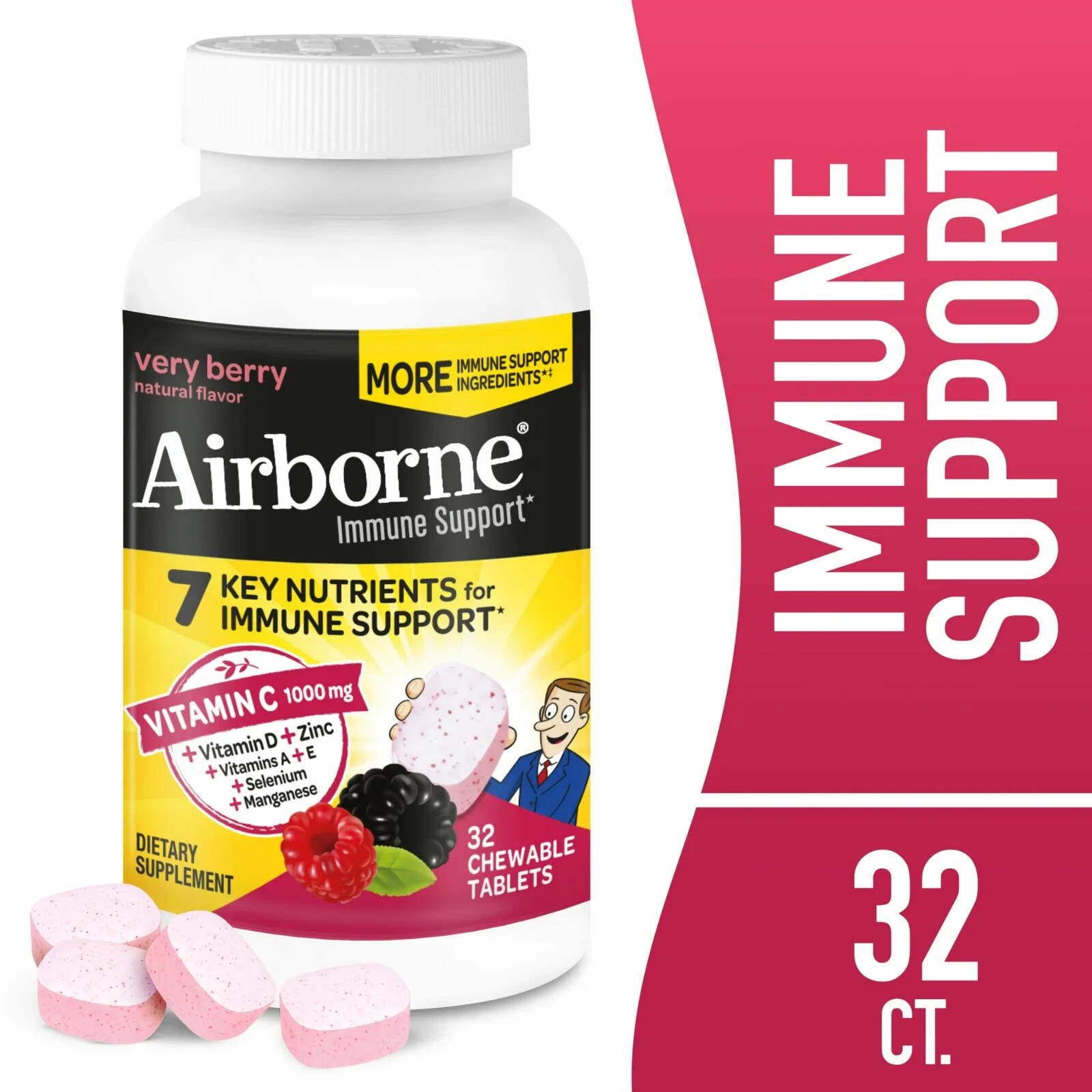 Airborne 1000mg Vitamin C Immune Support Chewable Tablets Berry Flavor 32 ct...