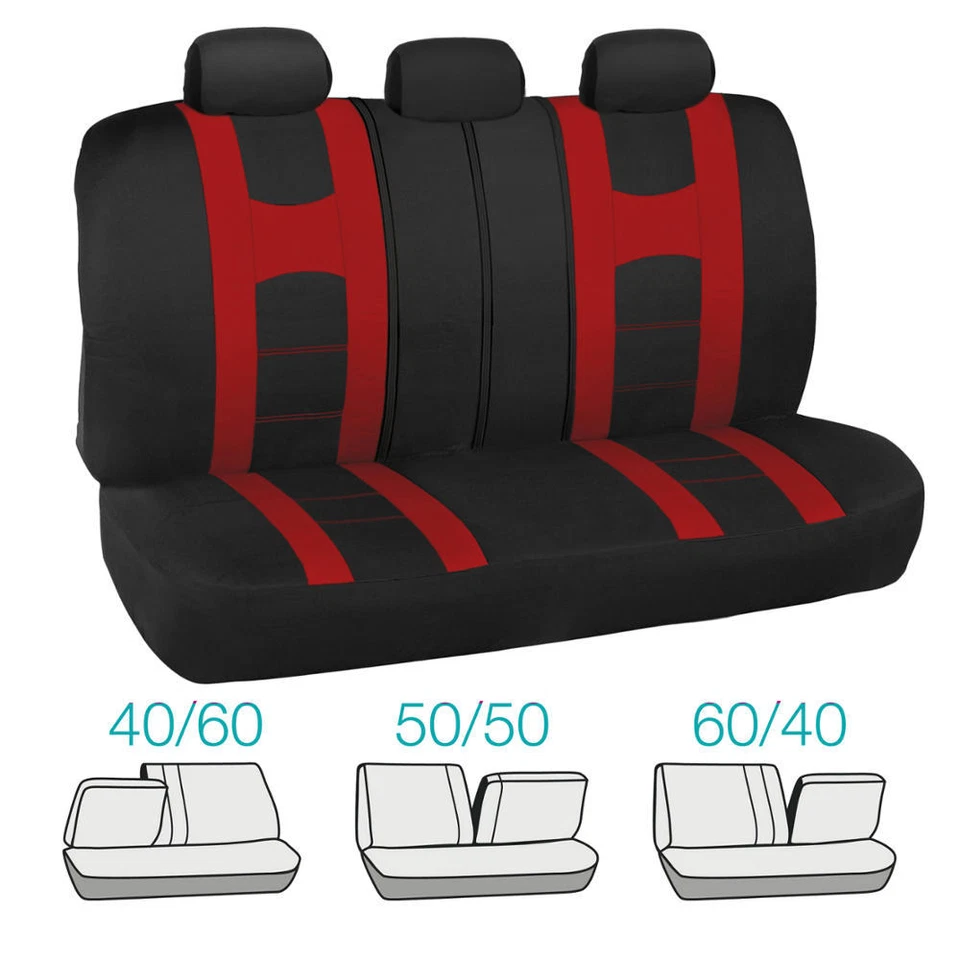 Juego completo de fundas de asiento de coche rayas deportivas banco delantero y trasero negro y rojo Foto 3 de 4