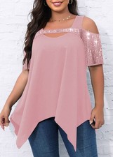 PLUS SIZE Women Sequin Glitter Cold Shoulder Tops Blouse Summer Party Shirts Tee