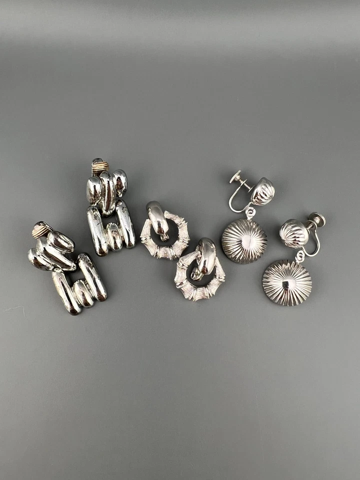 Lote de 3 Pendientes de Clip de Diseñador Vintage Tono Plata Colgantes Gota Todos Firmados Foto 3 de 4