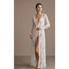 Sheer White Floral Lace Maxi Robe Duster Long Sleeve Bridal Boho Vintage Style