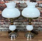 Set of 2 Vintage Hobnail Milk Glass Hurricane Lamps with Wood Accents - Tested!