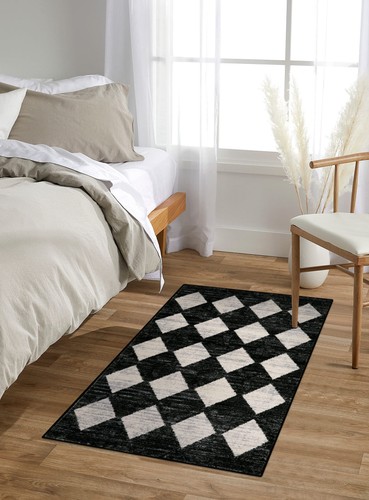 Moroccan Trellis Area Rug - 2x3 Printed Small Black Checkered Entryway Rug No... - Picture 2 of 9
